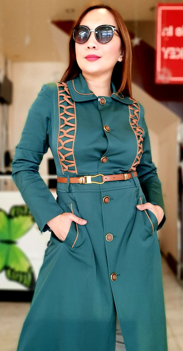 Green Buttoned Short Belted Dress Abaya