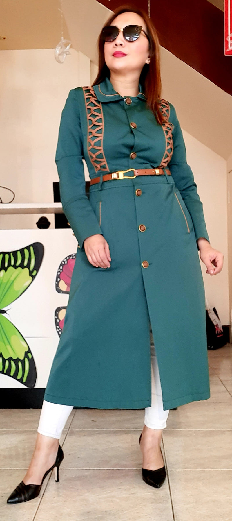 Green Buttoned Short Belted Dress Abaya