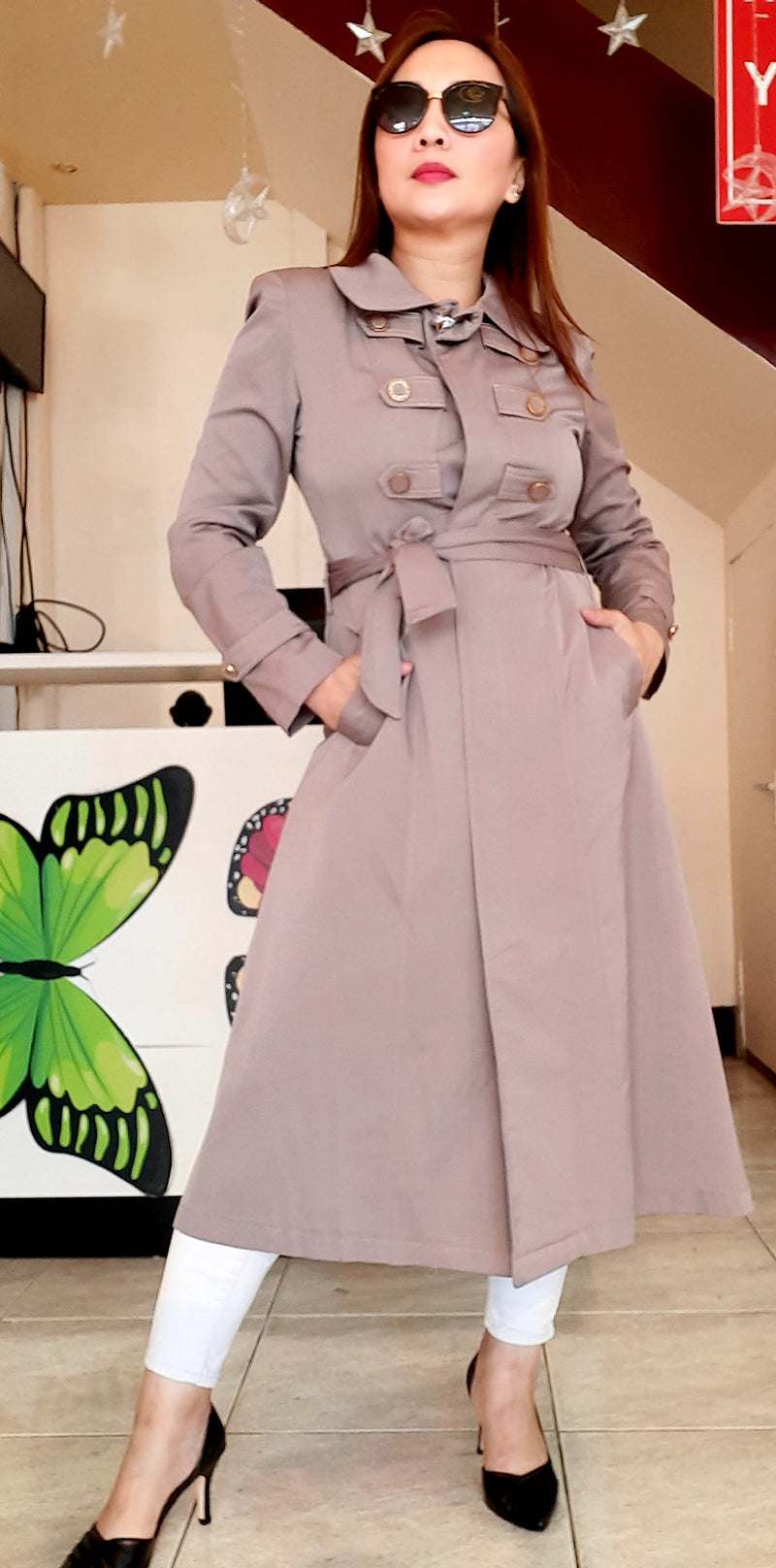 Beige Buttoned Short Belted Dress Abaya