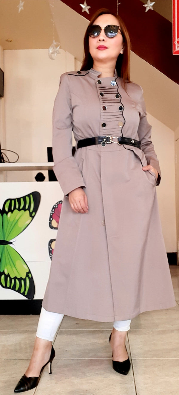 Beige Buttoned Short Belted Dress Abaya