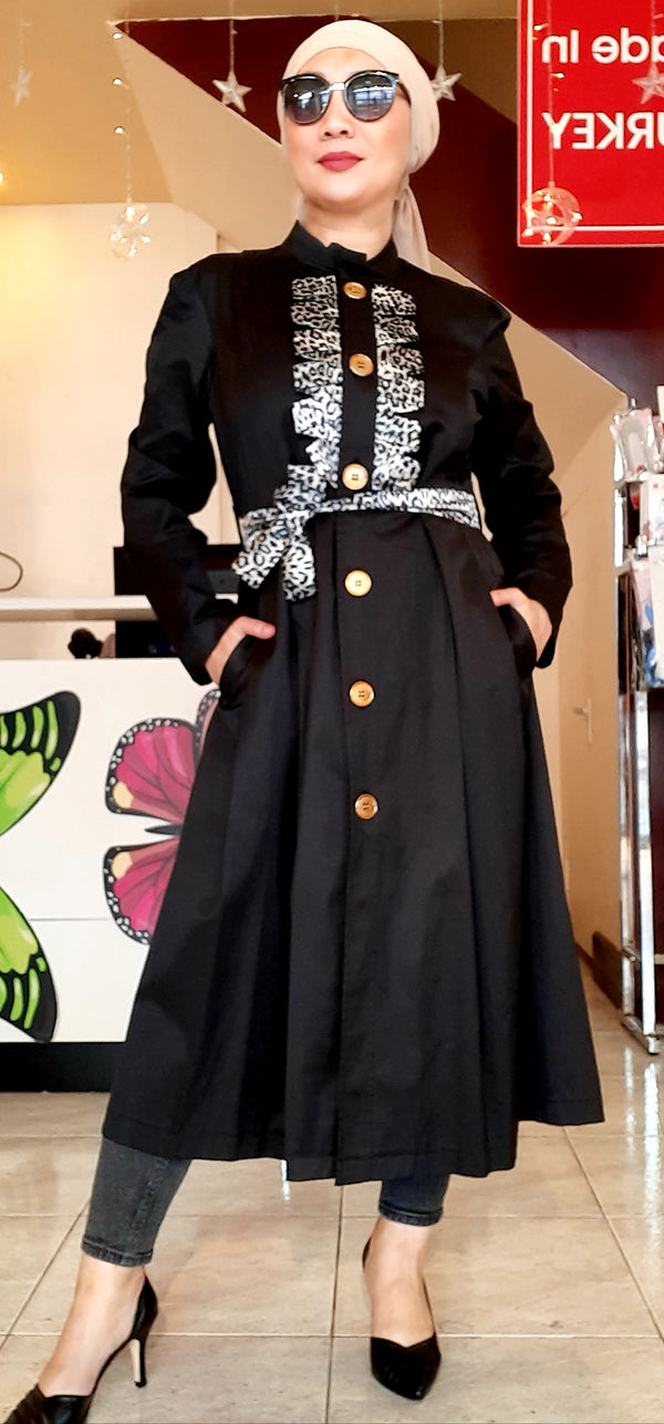 Black Buttoned Short Belted Dress Abaya