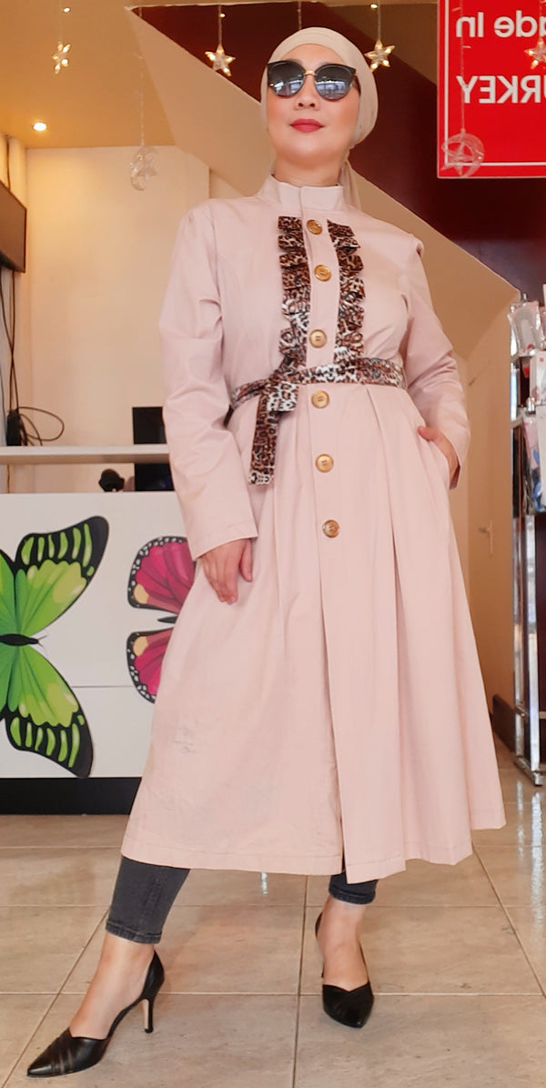 Pink Buttoned Short Belted Dress Abaya
