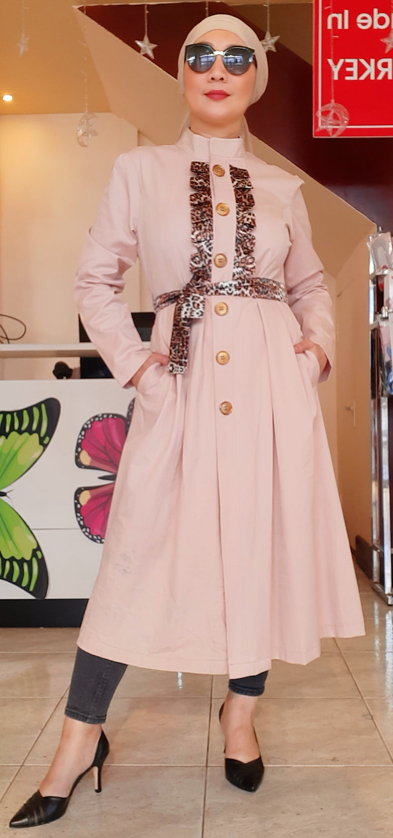 Pink Buttoned Short Belted Dress Abaya