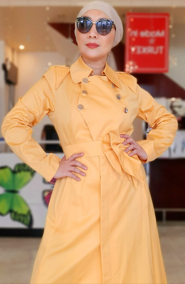 Yellow Buttoned Belted Long Dress Abaya