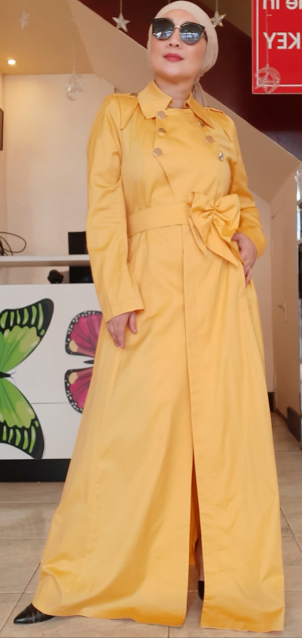 Yellow Buttoned Belted Long Dress Abaya