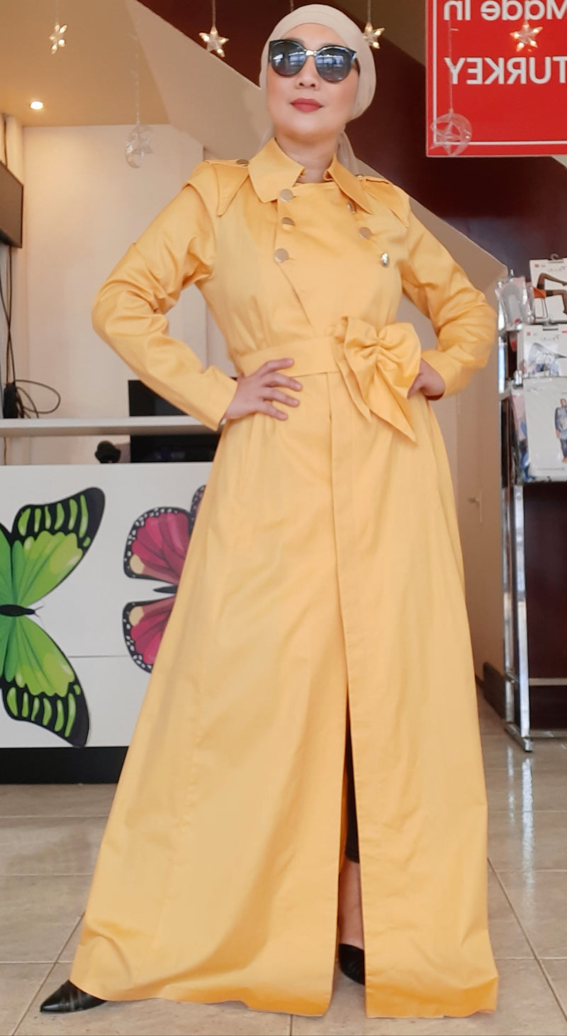 Yellow Buttoned Belted Long Dress Abaya