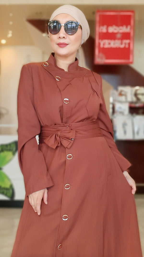 Brown Buttoned Belted Long Dress Abaya