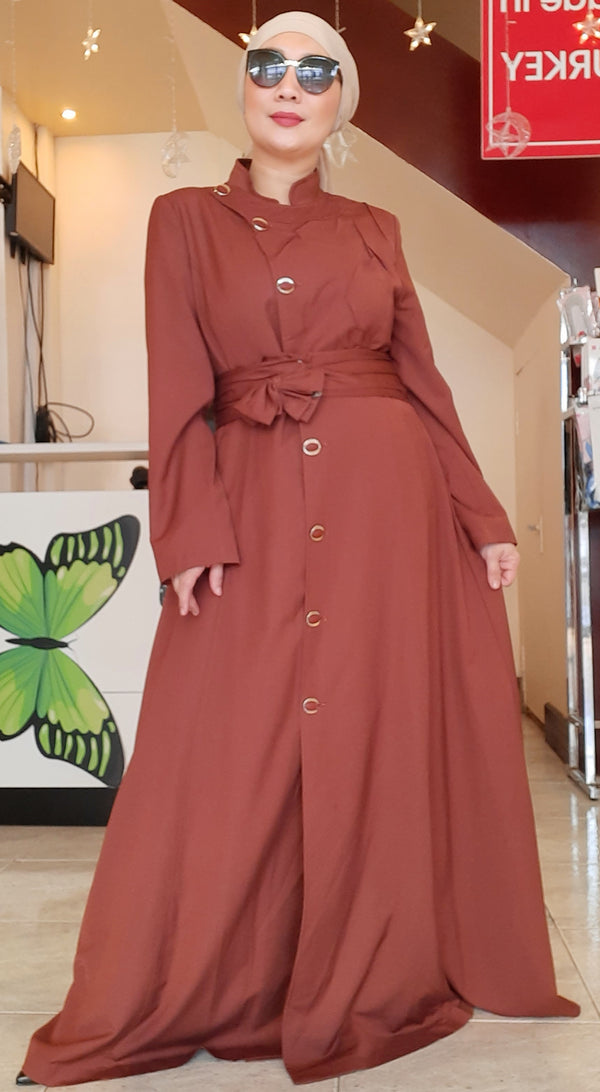Brown Buttoned Belted Long Dress Abaya