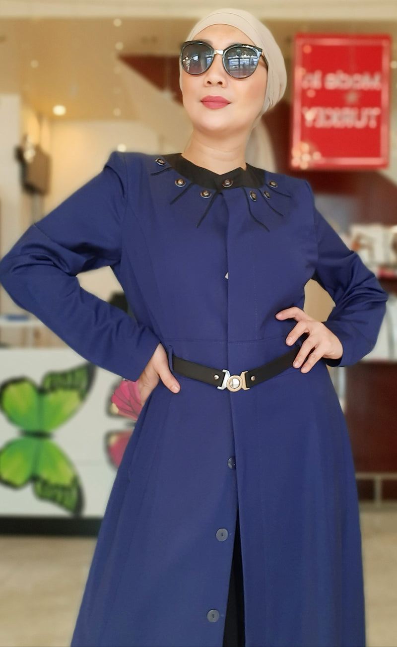 Blue Buttoned Belted Long Dress Abaya