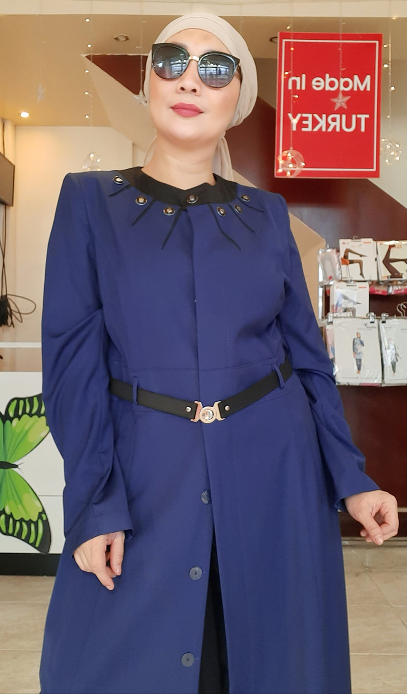 Blue Buttoned Belted Long Dress Abaya