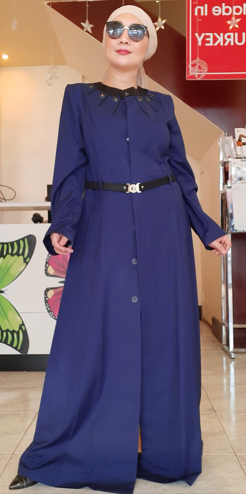 Blue Buttoned Belted Long Dress Abaya