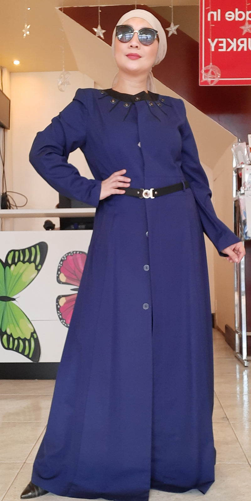 Blue Buttoned Belted Long Dress Abaya