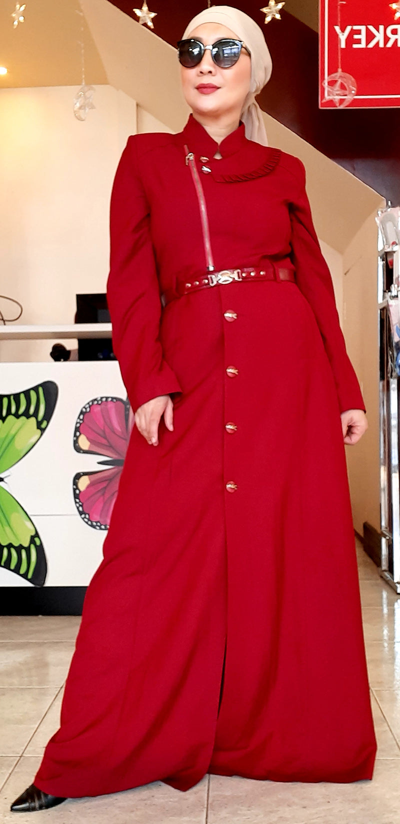 Red Buttoned Belted Long Dress Abaya