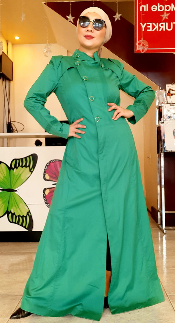 Green Buttoned High Neck Long Dress Abaya