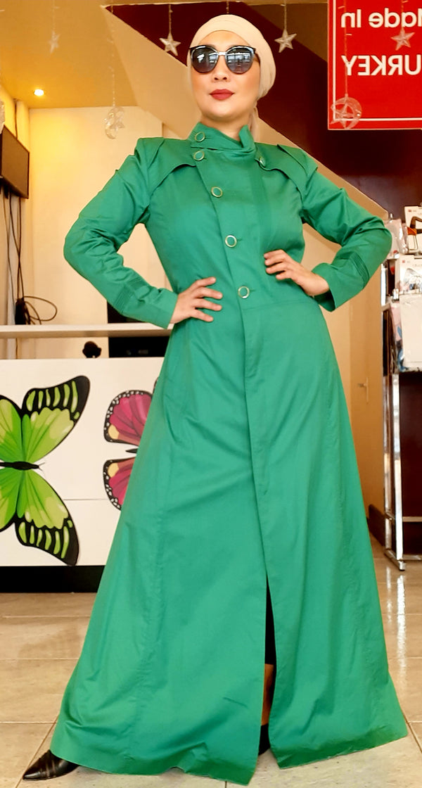 Green Buttoned High Neck Long Dress Abaya