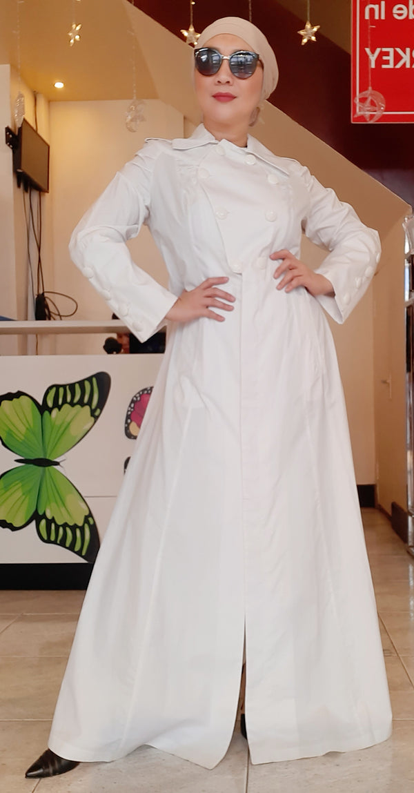 White Buttoned Collar Long Dress Abaya