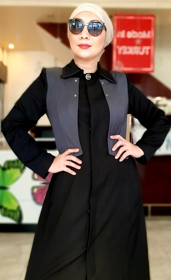 Black Buttoned Collar Long Dress Abaya