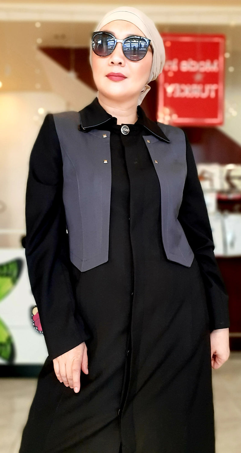 Black Buttoned Collar Long Dress Abaya