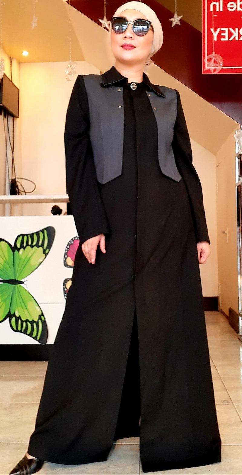 Black Buttoned Collar Long Dress Abaya