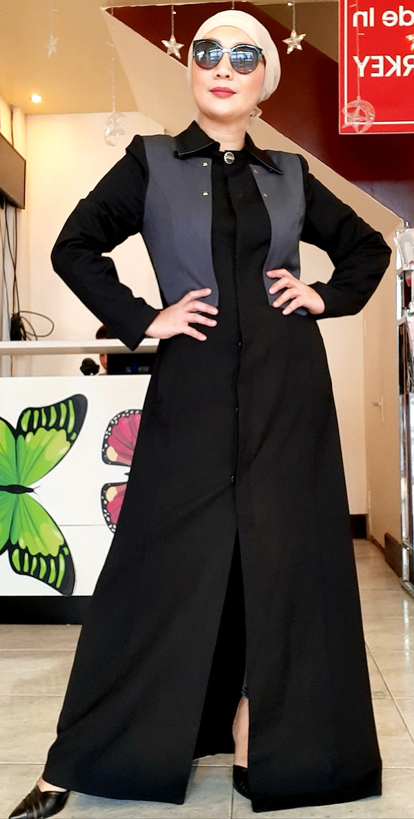 Black Buttoned Collar Long Dress Abaya