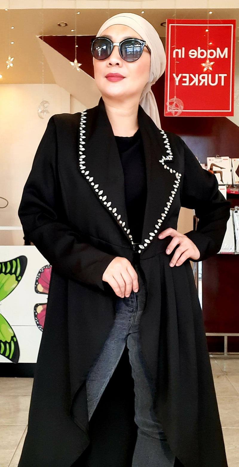 Black Open Long Formal Blazer with Stone Design