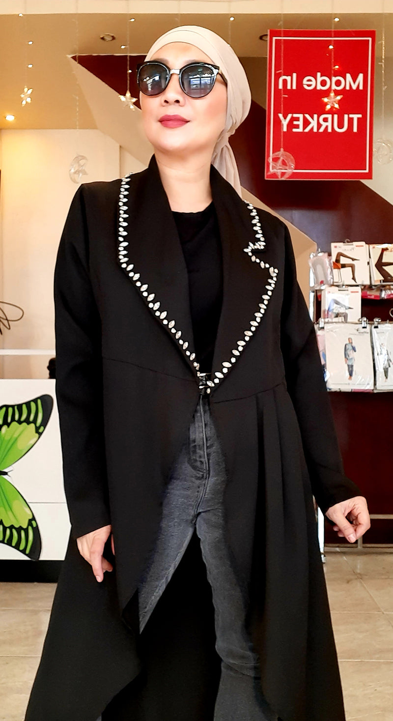 Black Open Long Formal Blazer with Stone Design