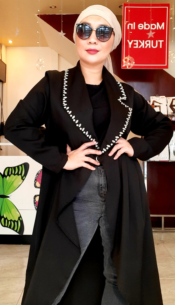 Black Open Long Formal Blazer with Stone Design