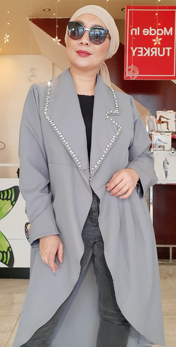 Grey Open Long Formal Blazer with Stone Design