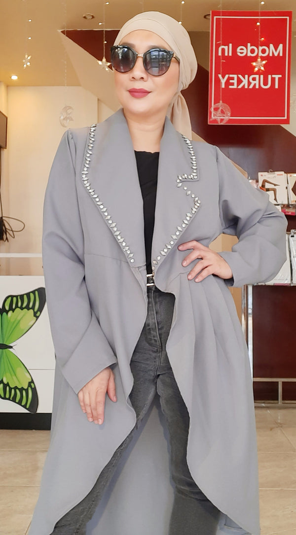 Grey Open Long Formal Blazer with Stone Design