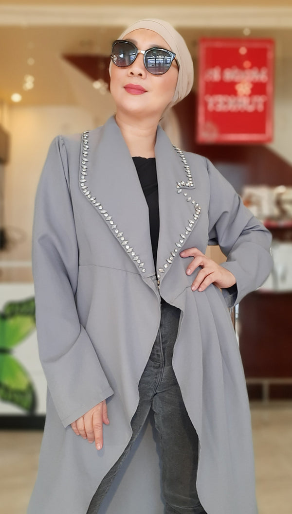 Grey Open Long Formal Blazer with Stone Design