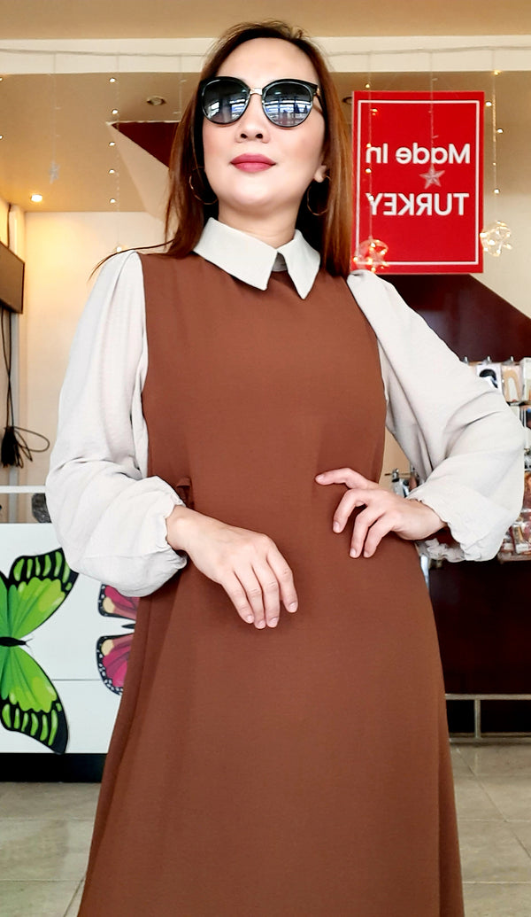 Brown Plain Collar Long Dress