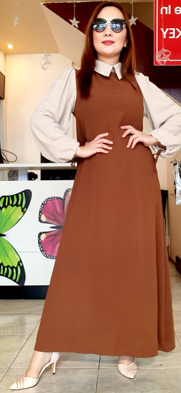 Brown Plain Collar Long Dress