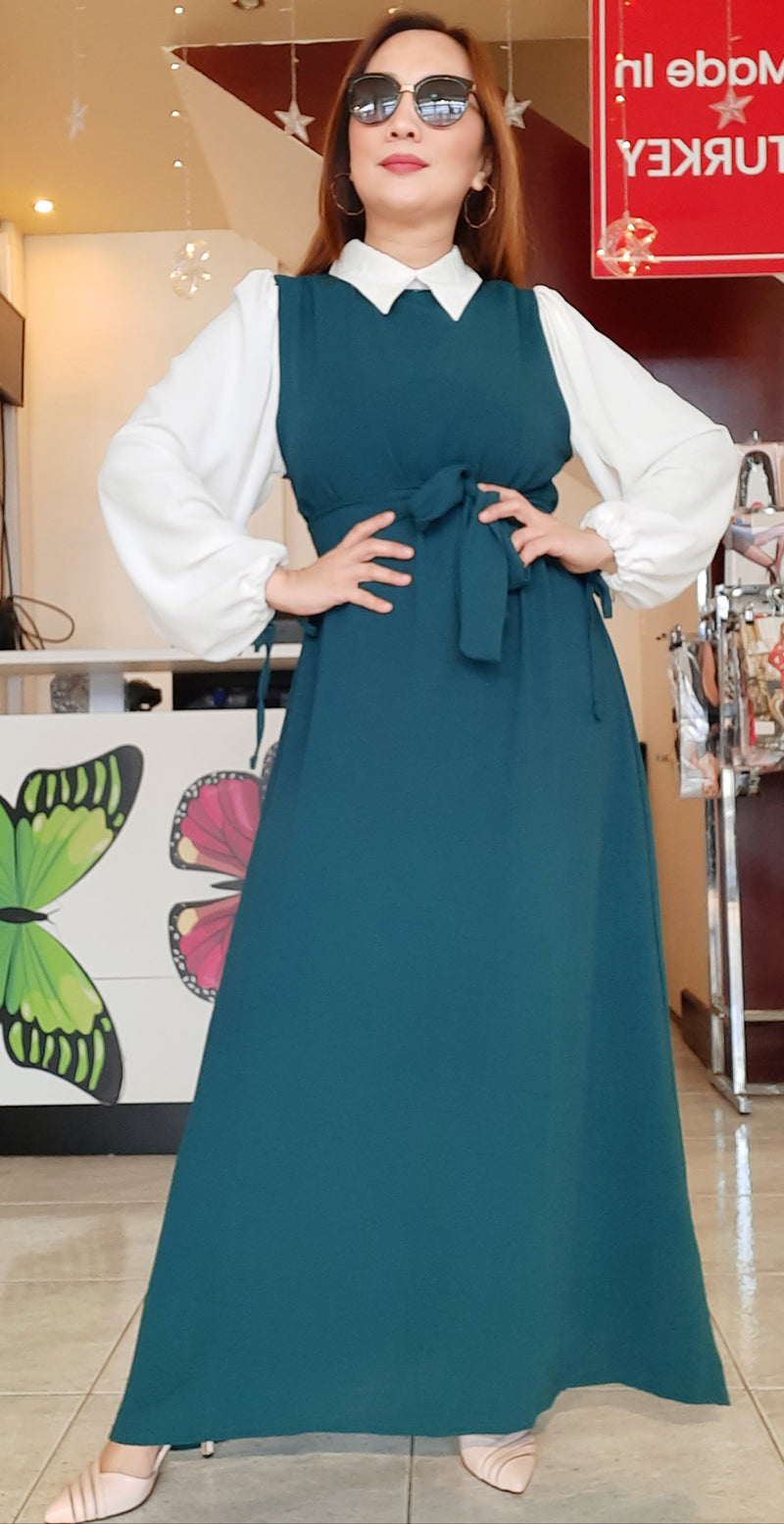 Green Plain Belted Long Dress