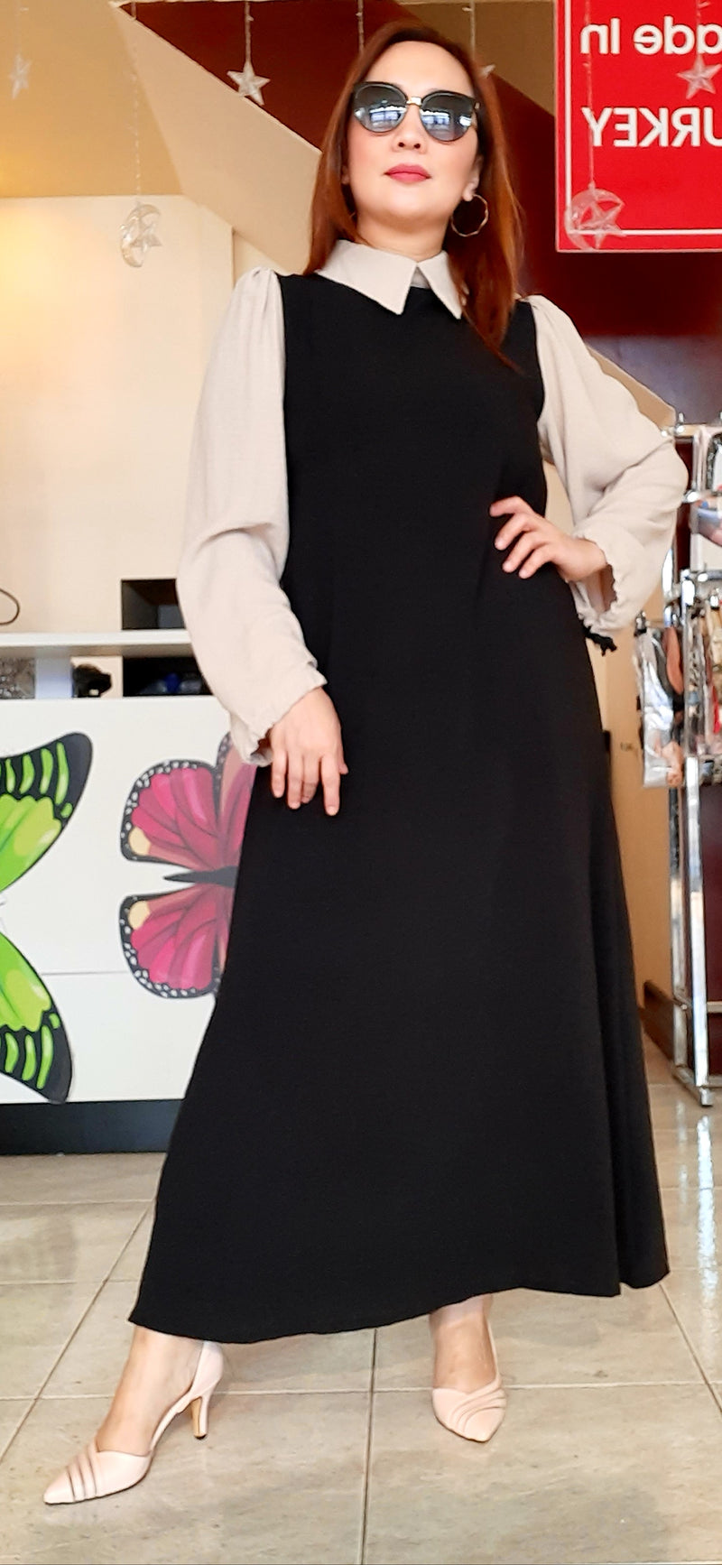 Black Plain Collar Long Dress