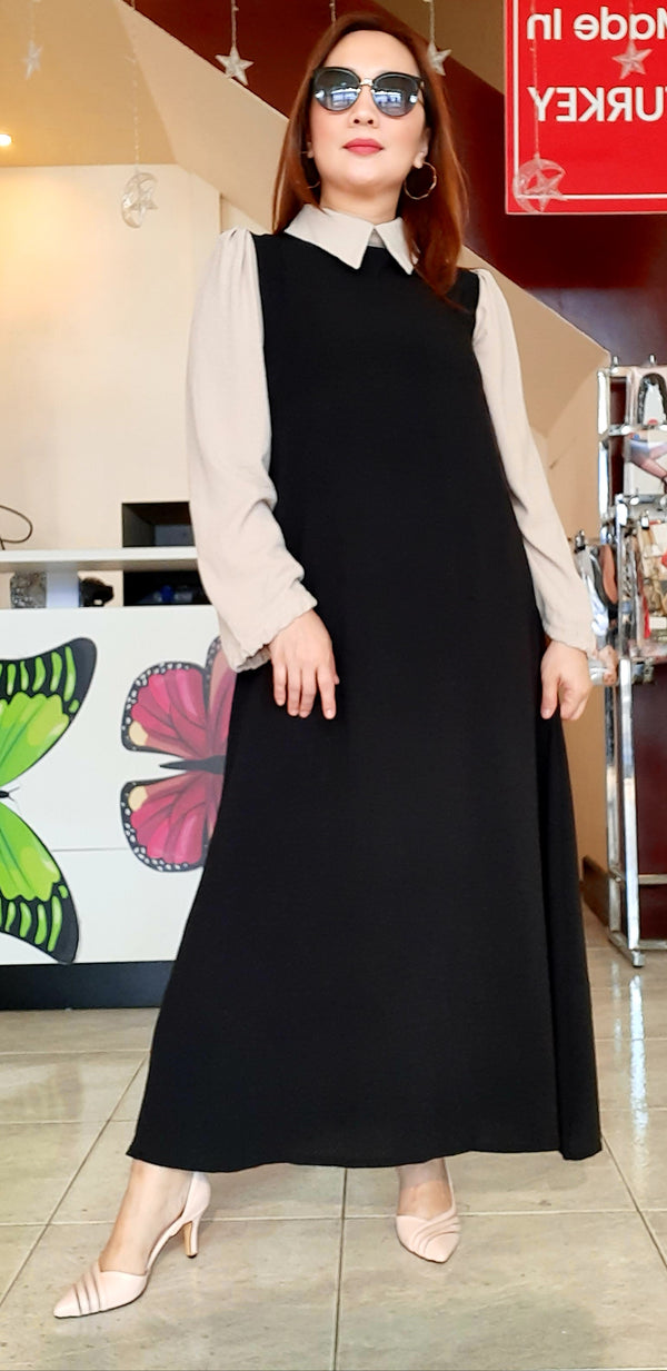 Black Plain Collar Long Dress