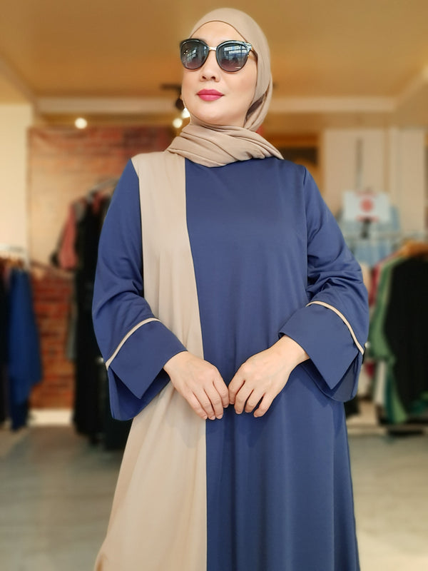 Two Tone Blue Beige Plain Long Dress Abaya