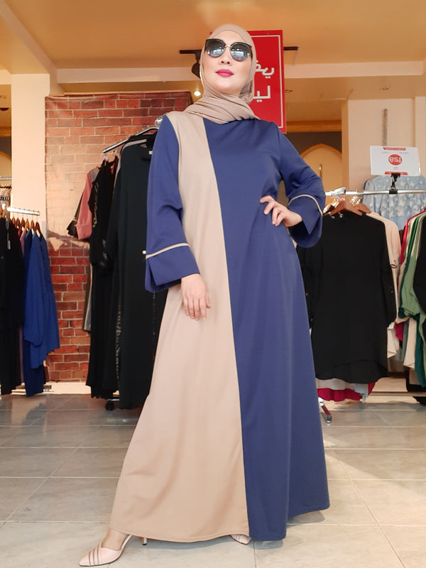 Two Tone Blue Beige Plain Long Dress Abaya