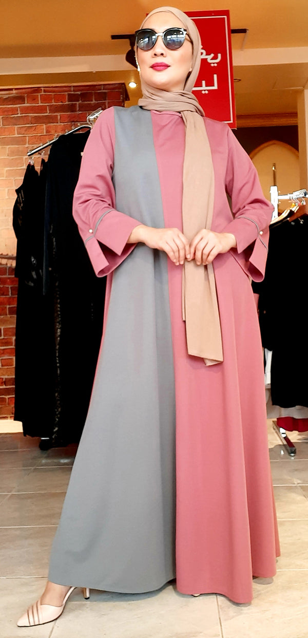 Two Tone Pink Grey Plain Long Dress Abaya