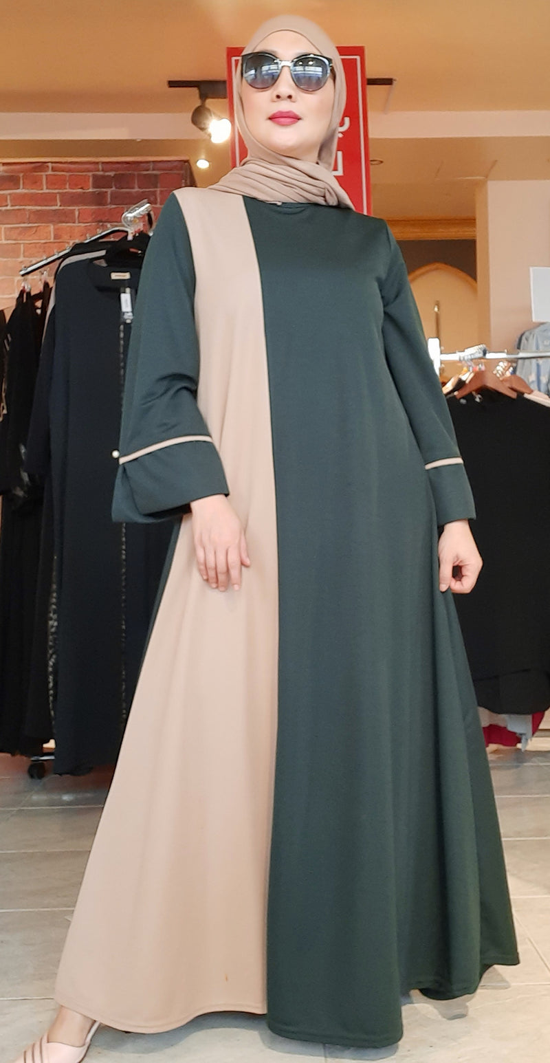 Green Beige Plain Long Dress Abaya