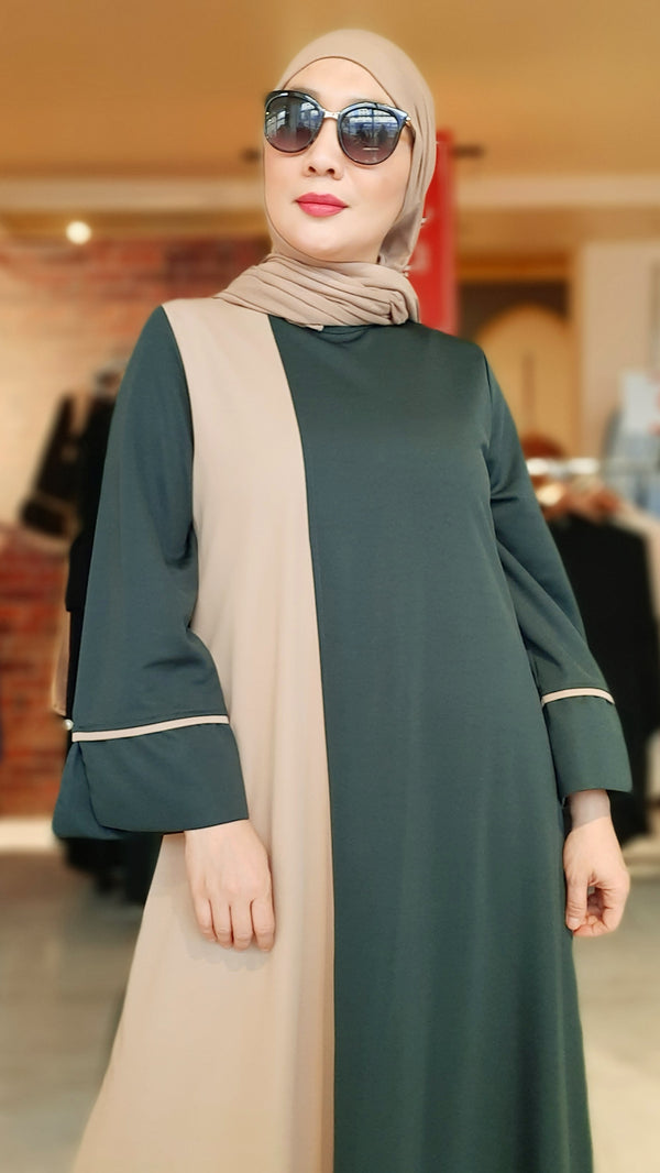 Green Beige Plain Long Dress Abaya