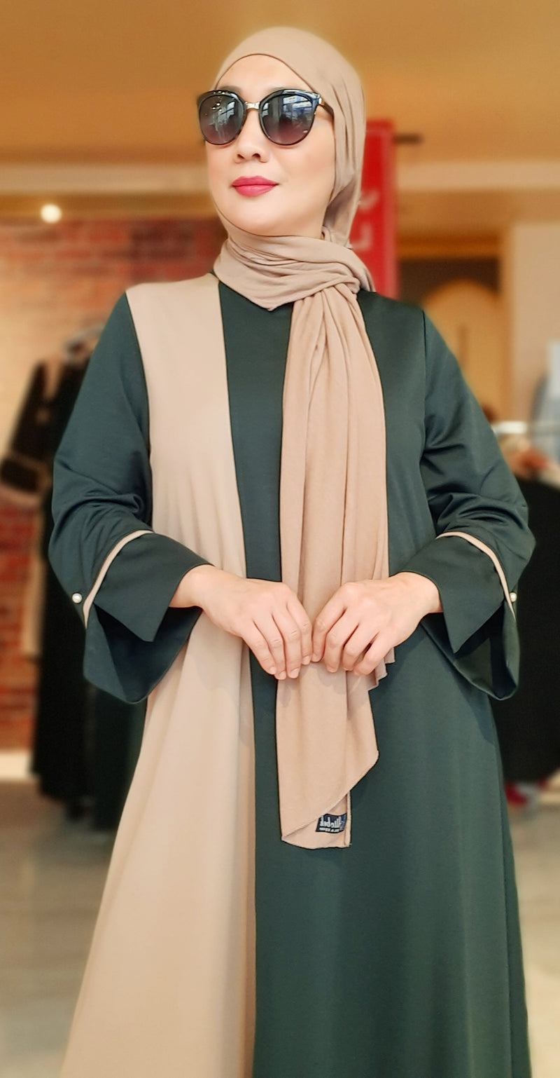 Green Beige Plain Long Dress Abaya