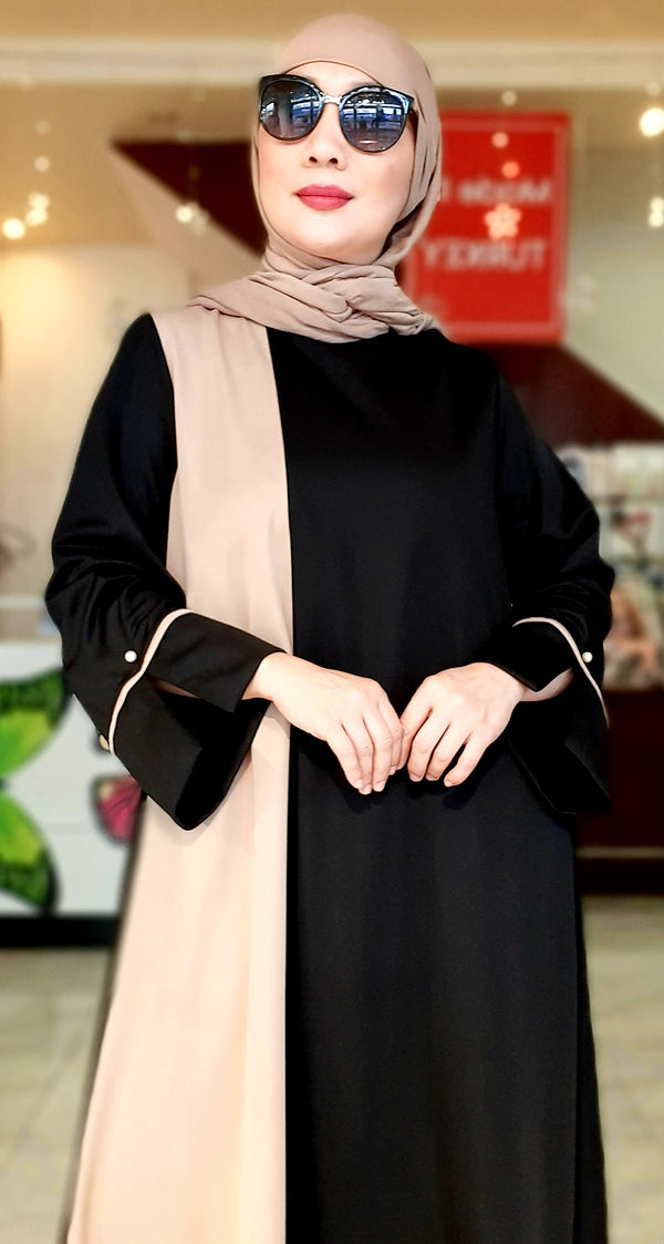 Black Beige Plain Long Dress Abaya