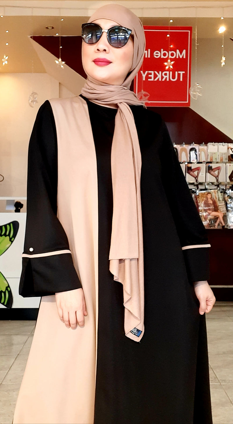 Black Beige Plain Long Dress Abaya