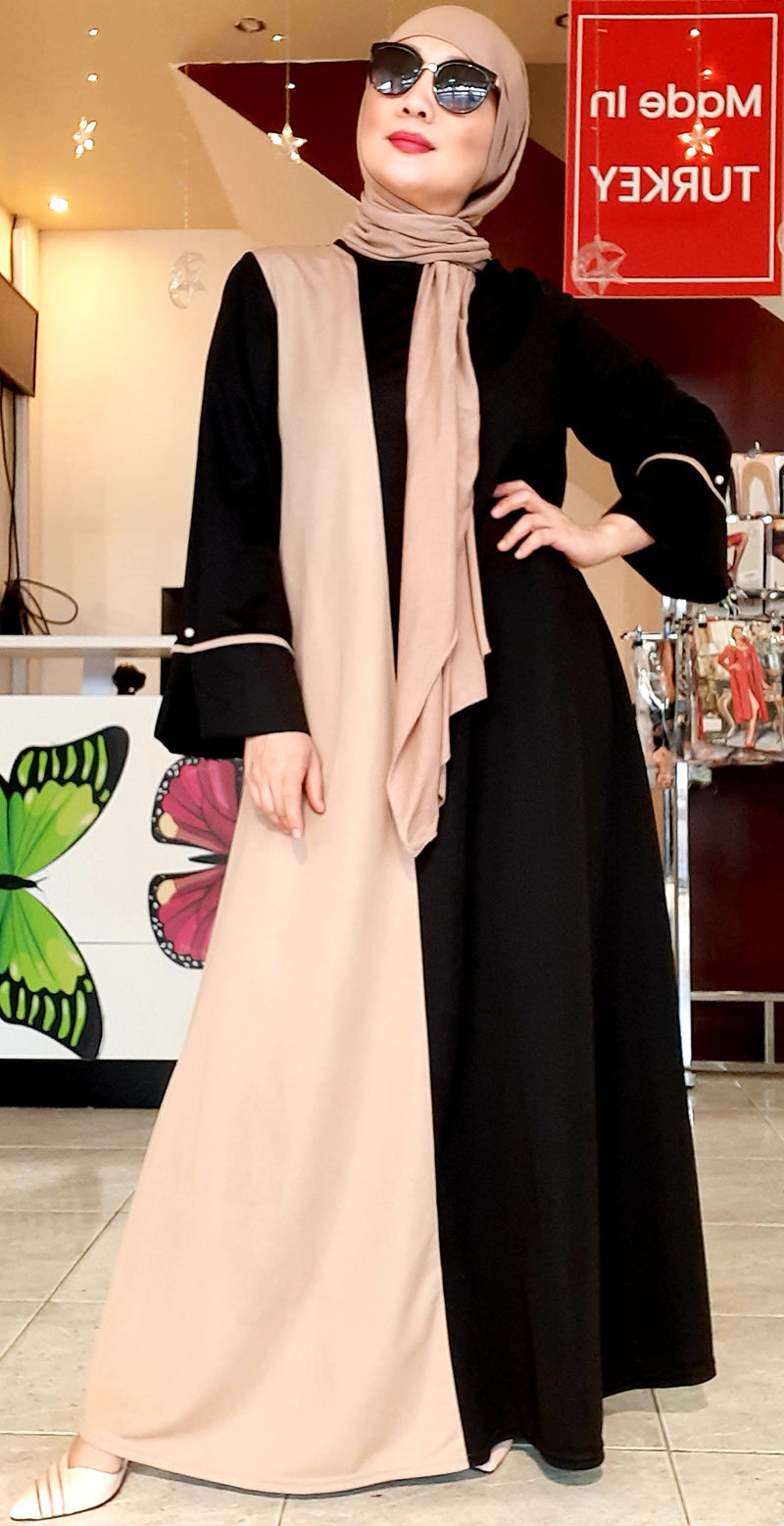 Black Beige Plain Long Dress Abaya