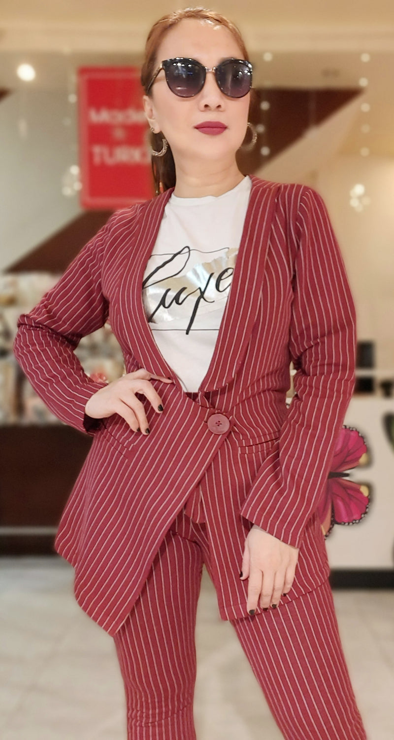 Maroon Striped One Buttoned Formal Suit 2-Pc Set