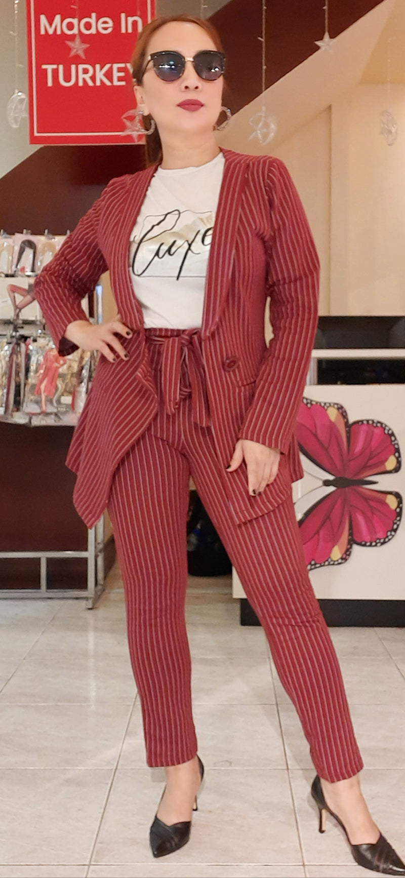 Maroon Striped One Buttoned Formal Suit 2-Pc Set