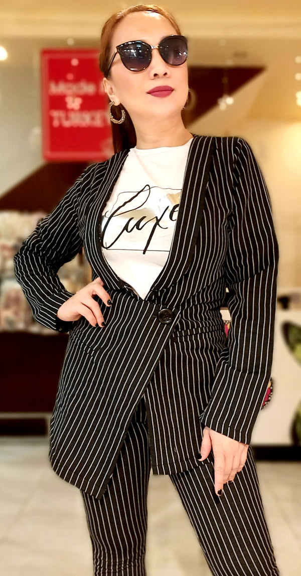 Black Striped One Buttoned Formal Suit 2-Pc Set