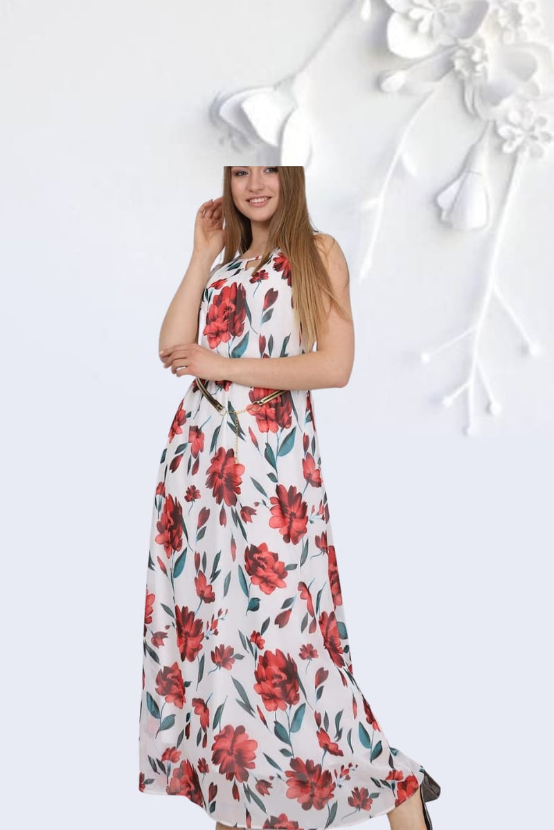 Red Sleeveless  Floral Long Dress