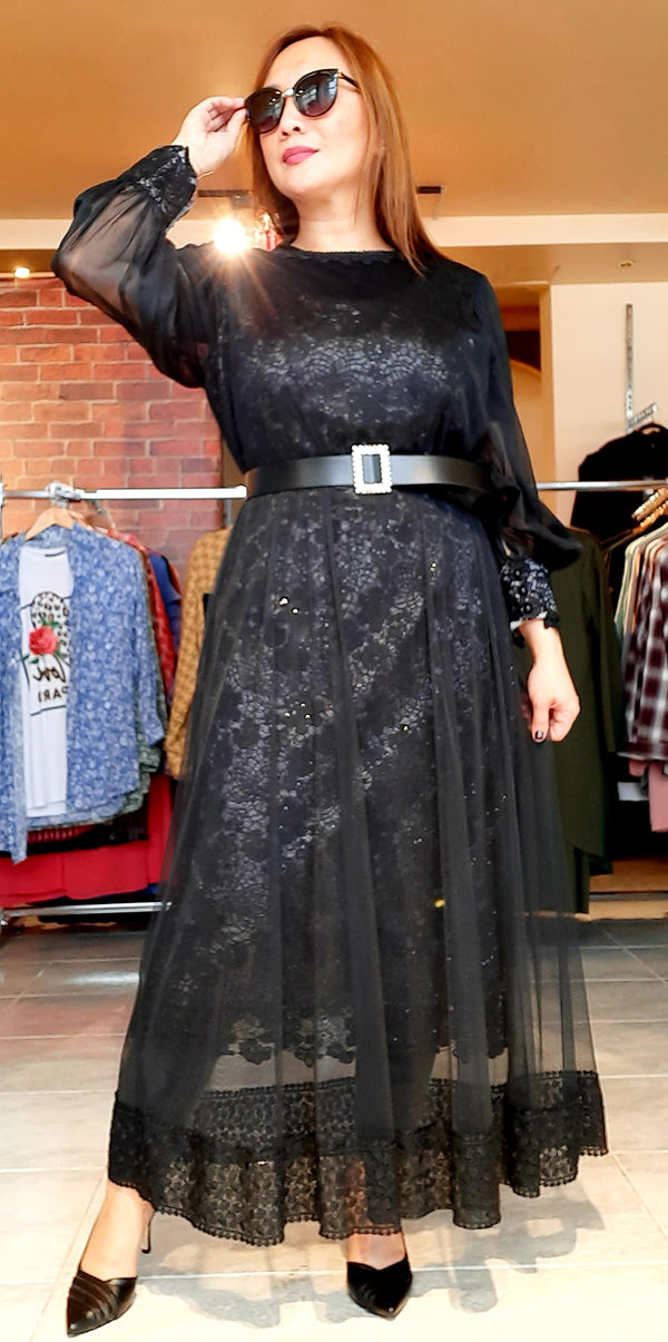 Black Sheer Pattern Belted Long Dress
