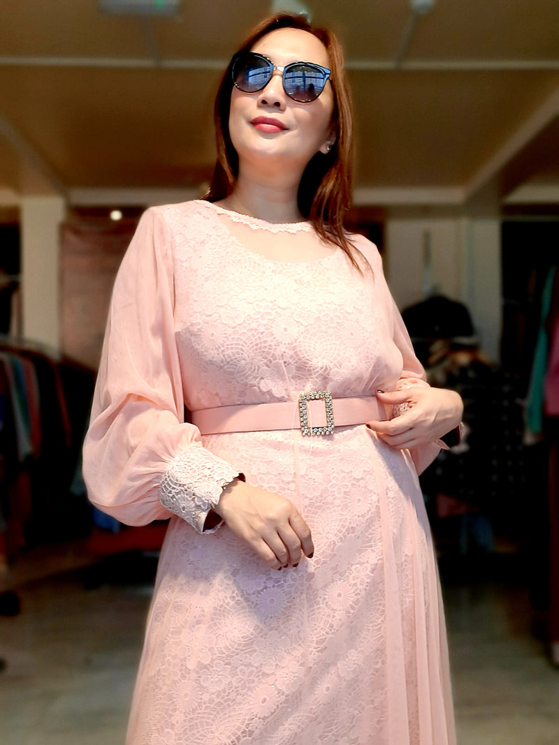 Pink Sheer Pattern Belted Long Dress